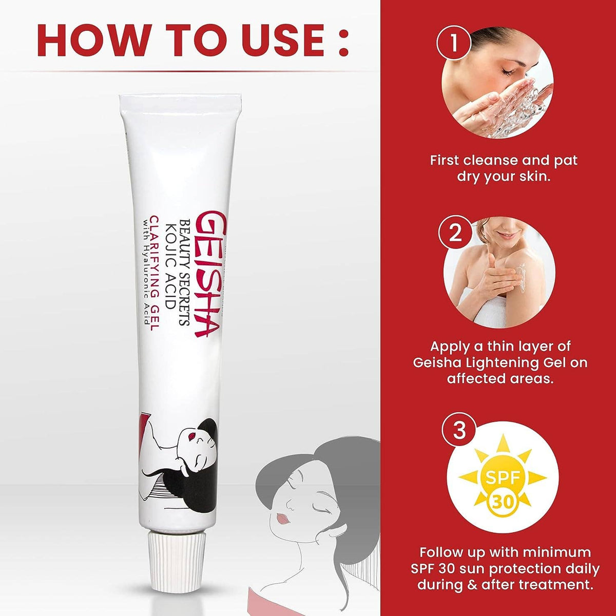 Gel aclarador Geisha con ácido kójico y ácido hialurónico 30 g
